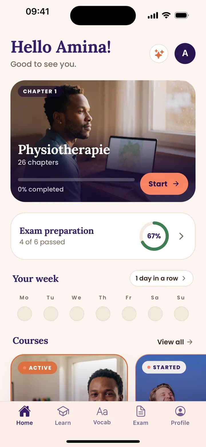Fluedy App-Screenshot mit Deutsch-Lernoberfläche