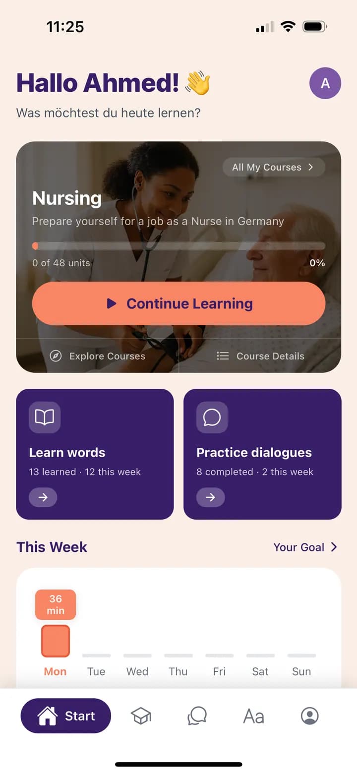 Captura de tela do app Fluedy com interface de aprendizado de alemão