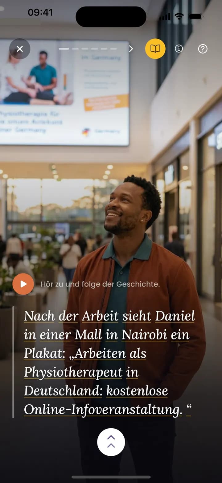 Fluedy-Geschichtenlektion auf einem Handybildschirm