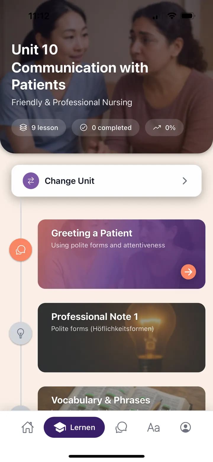 Lição no app Fluedy: Deutsch für Pflege