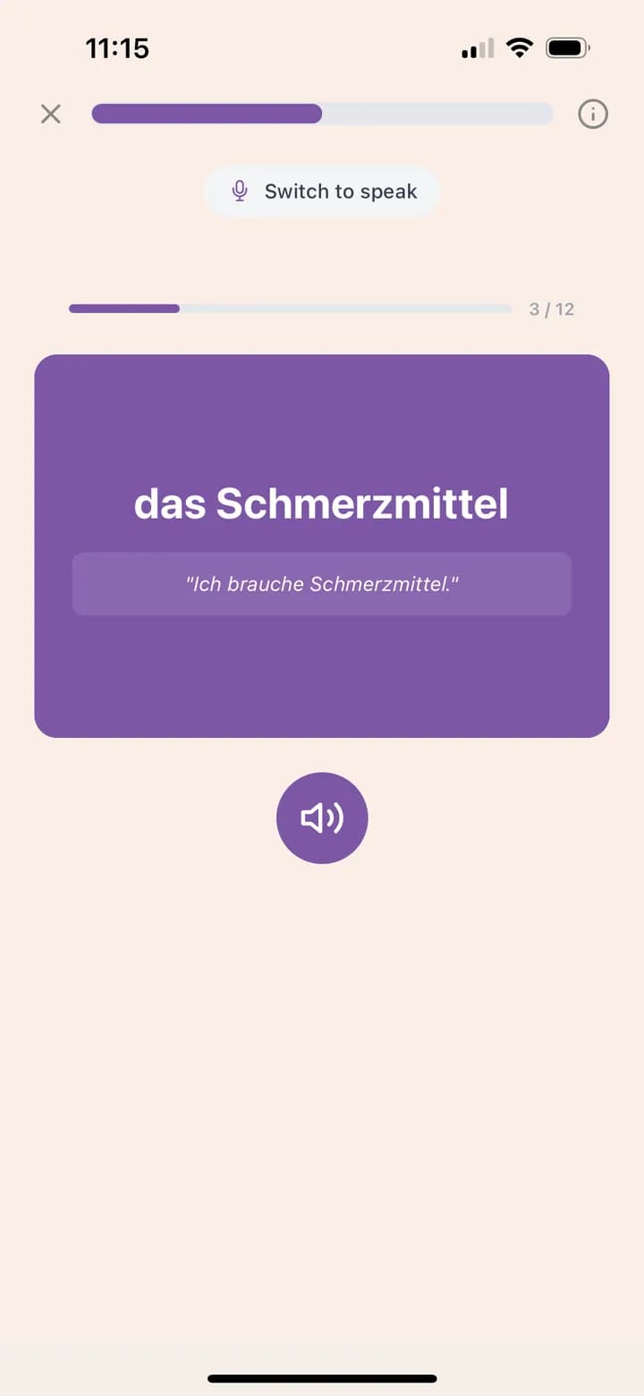 Lição no app Fluedy: Deutsch für Physiotherapie